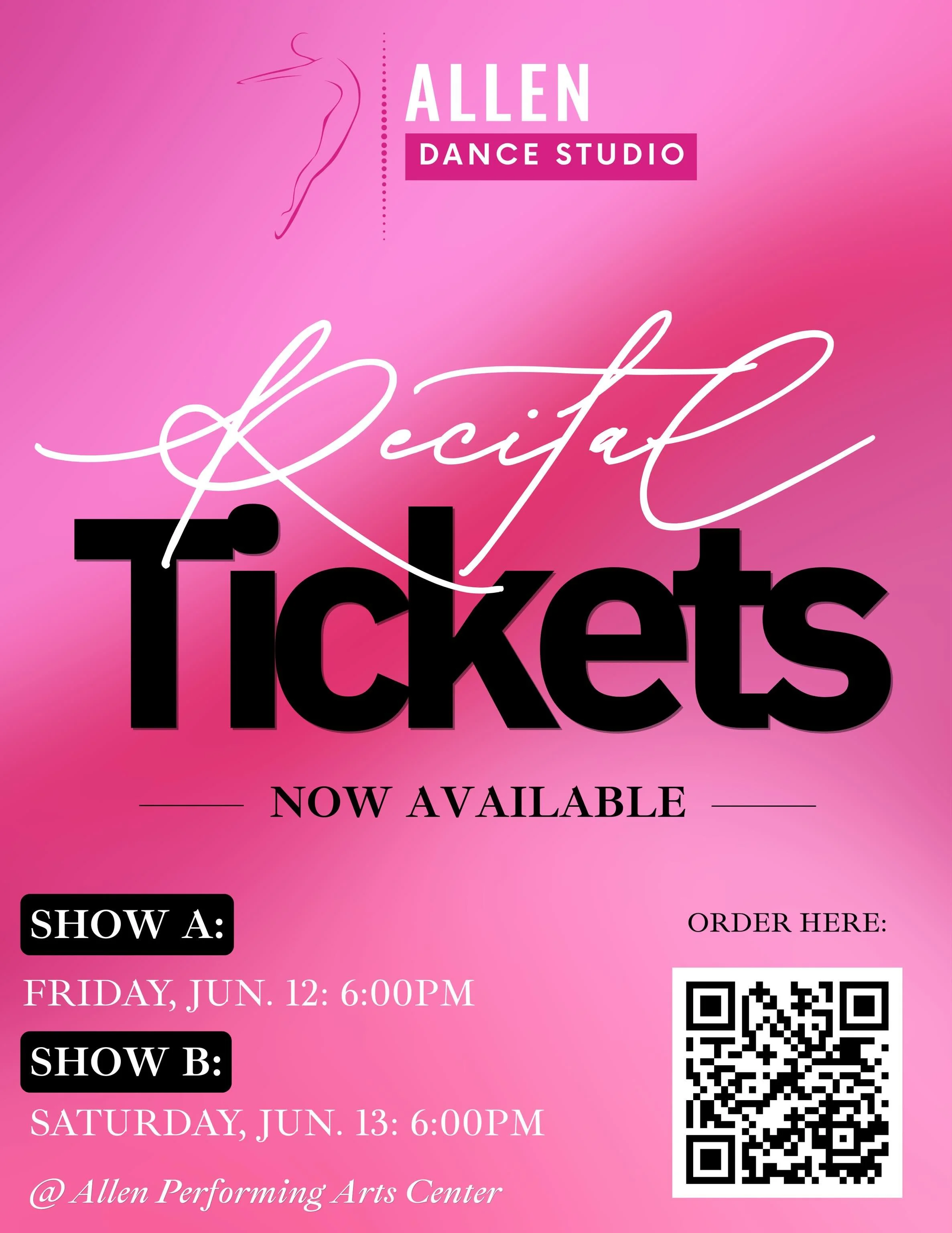 🩷🪩 Recital Tickets Are LIVE! 🪩🩷

We can&rsquo;t wait to see our dancers shine in our end of year recital! ✨ Tickets for this year&rsquo;s dance recital are now officially available for purchase!

🎟️ Important details:
🪩 Dancers do NOT need a ti