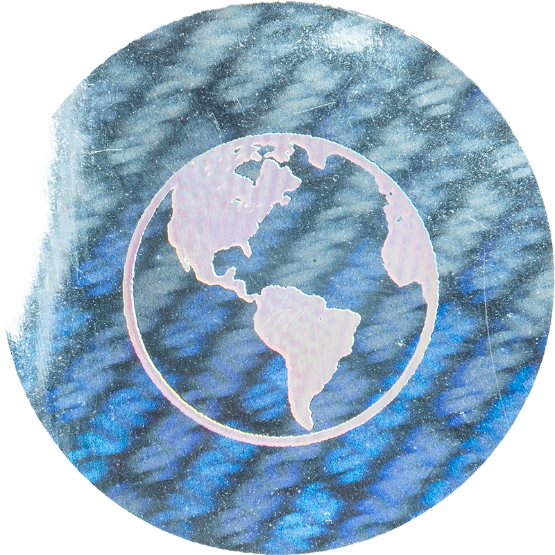 Artwork featuring a depiction of Earth, shown as a white outline of the continents on a dark blue, starry background.