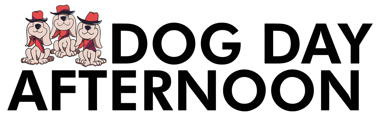 Graphic of three cartoon dogs wearing red hats and red bandanas, with the text 'Dog Day Afternoon in black.