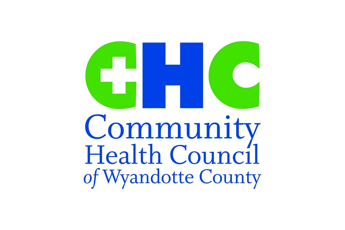Logo for the Community Health Council of Wyandotte County, featuring the acronym 'CHC' with a green cross inside a green 'C', and blue text beneath.