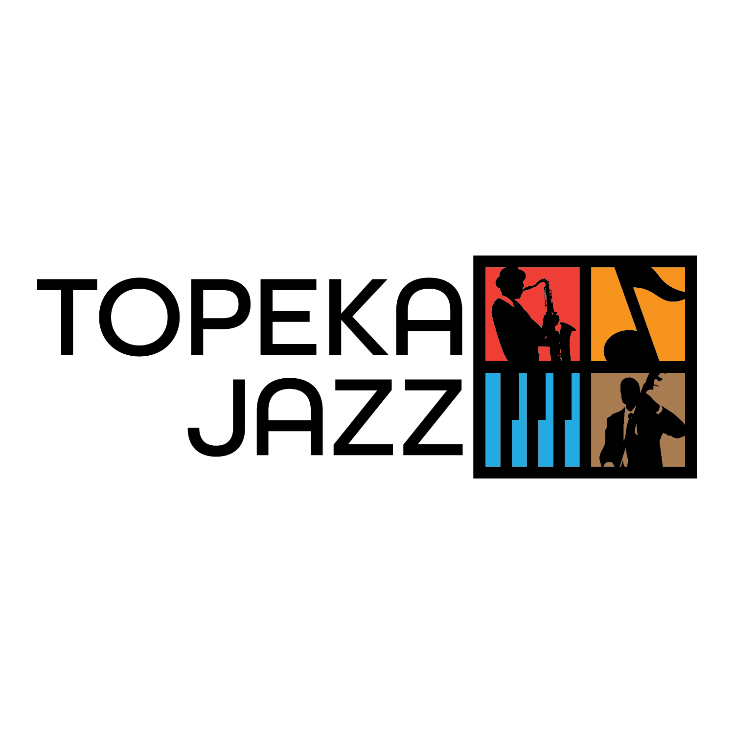 Logo for Topeka Jazz featuring stylized silhouettes of jazz musicians playing saxophone and bass against colorful background squares.
