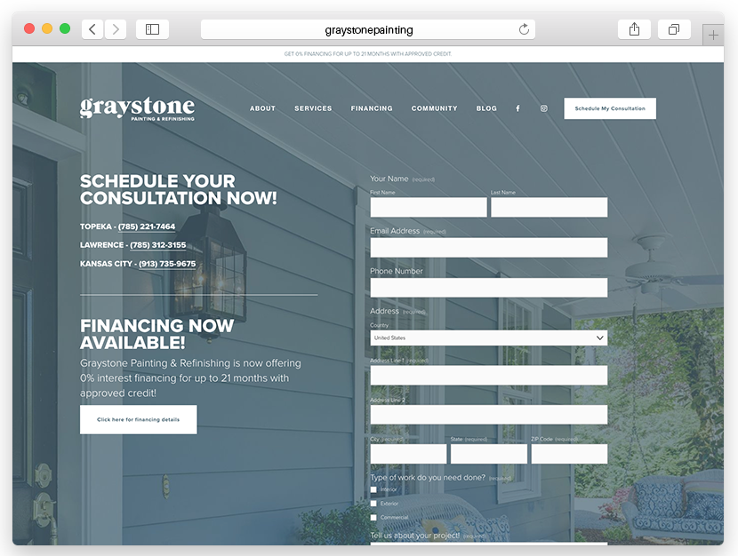 Screenshot of Graystone Painting & Refinishing website with a form for scheduling a consultation, contact numbers, and a financing announcement.