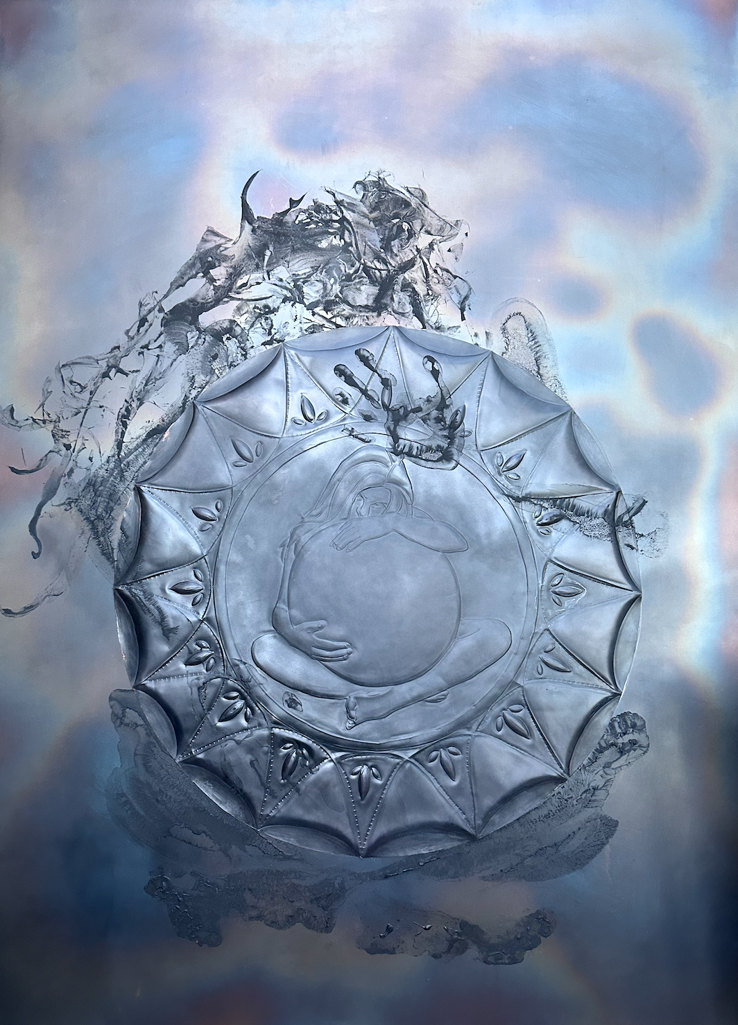 metal art, held, copper, steel, body print, meditation