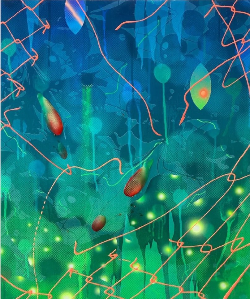 Hidenori Ishii, On the Fence - Still Life III, 2020, Acrylic & Kuricoat C-720 (synthetic resin), powder pigments on panel, copper pipe joints, 
24 × 20 inches
