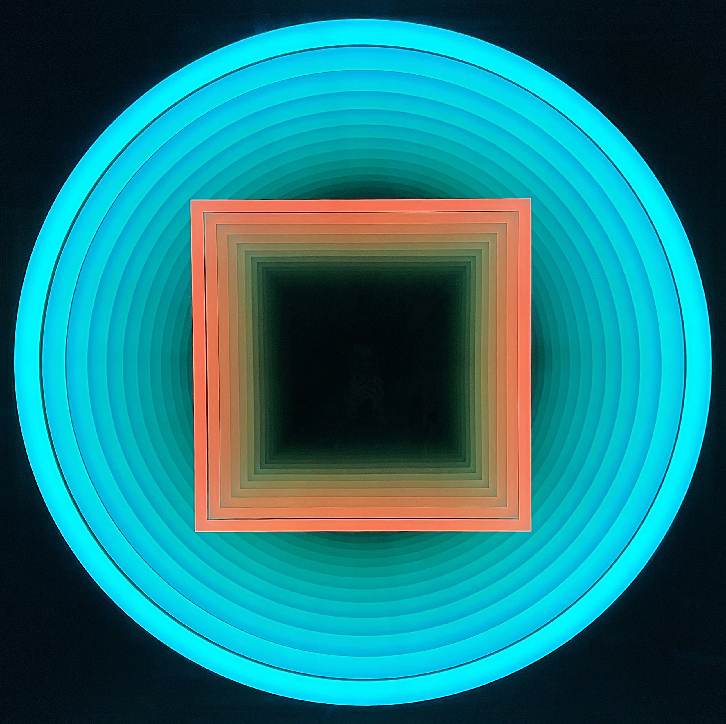 CHUL HYUN AHN, Circle and Square, 2023, Edition of 3 + 1 AP, plywood, changing LED lights, mirrors, 61.5 x 61.5 x 6 inches