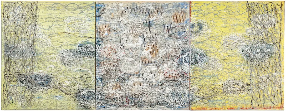 MARKUS BALDEGGER, "Triptych I", 2014, oil, tempera, and ink on canvas, 55 x 141 inches