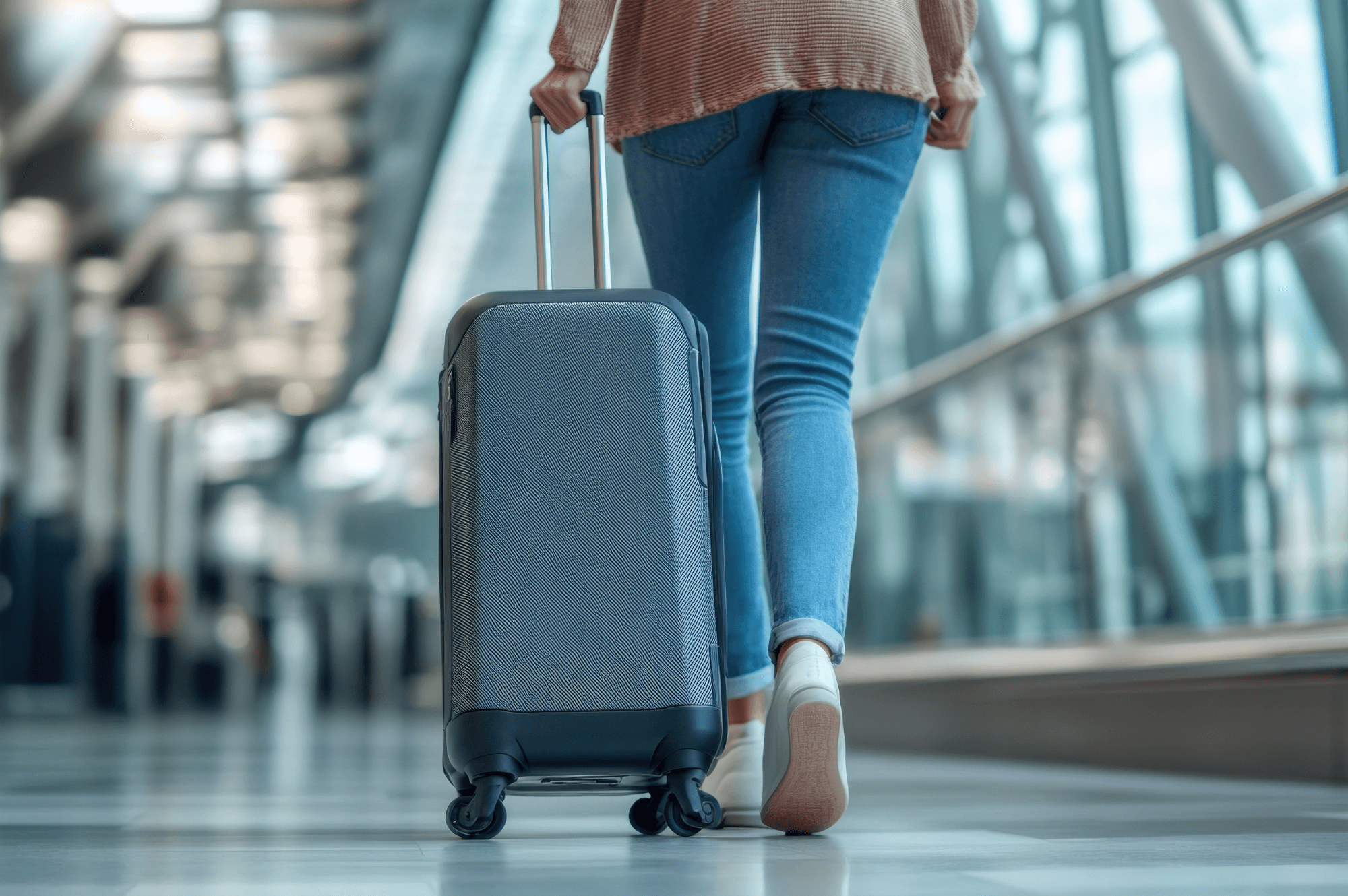 Person walking through an airport with a suitcase, symbolizing migration, transition, and the emotional experience of leaving home