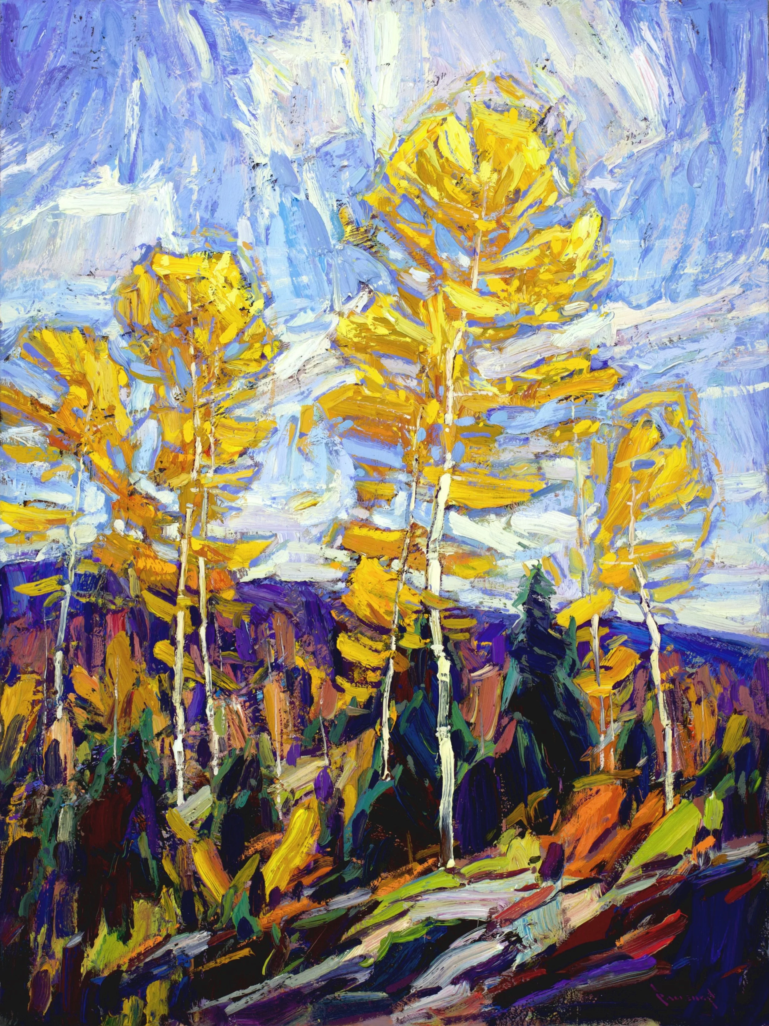 Wind Chimes&rdquo; | 48 &times; 36 in.

This painting was inspired by a trip to New Mexico, where the hills above Santa Fe come alive with color at just the right time of year. When the breeze moves through the aspens, their leaves shimmer and seem t