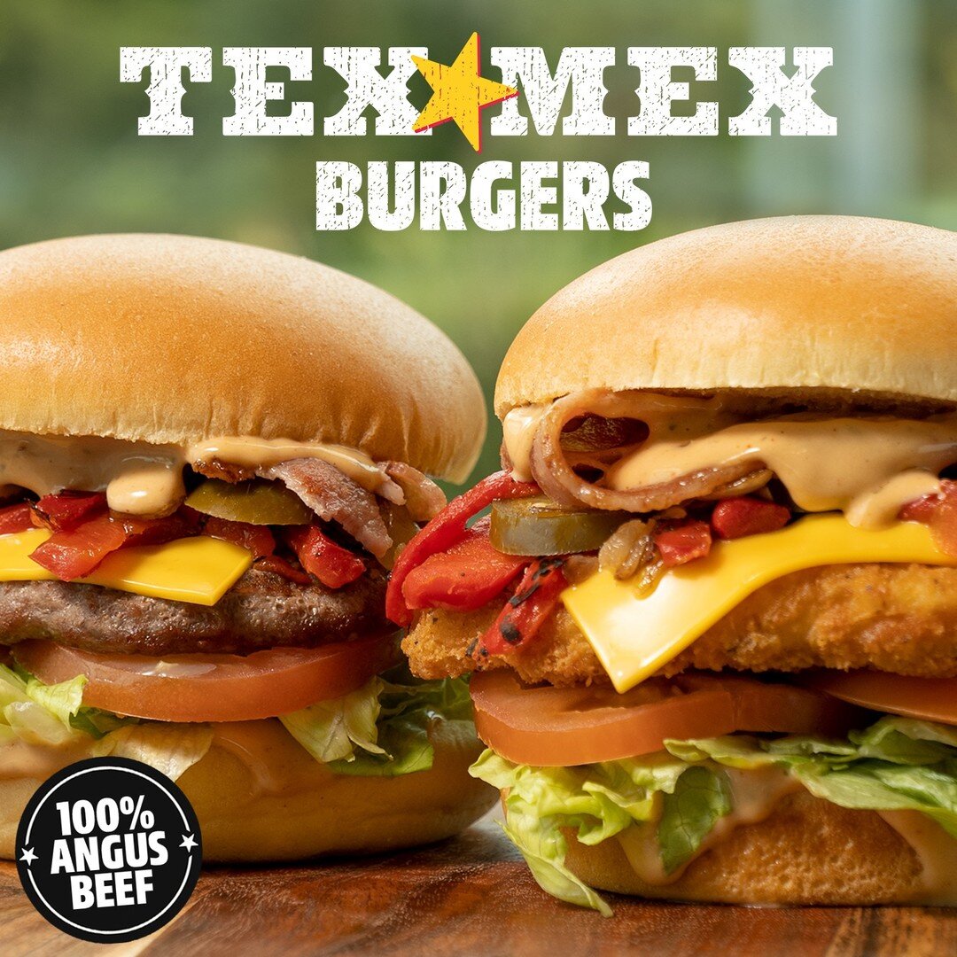 Get a taste of Tex Mex this long weekend with one of our NEW Tex Mex Burgers. 100% Angus Beef patty or Big Chicken fillet, cheese, bacon, fire roast capsicum, grilled onions, jalapenos and smoky habanero sauce.