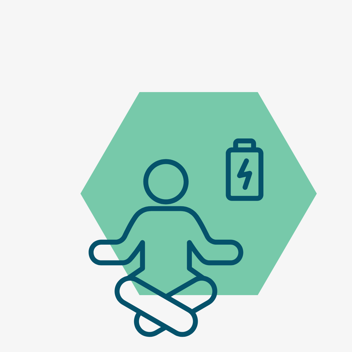 Outline of a person meditating in a cross-legged position with a battery symbol in the background, indicating energy or recharge.