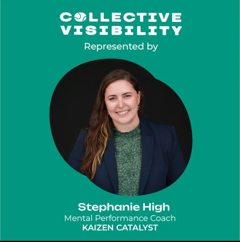 A professional portrait of Stephanie High, a mental performance coach, on a teal background with the text "Collective Visibility" and her name, title, and organization.