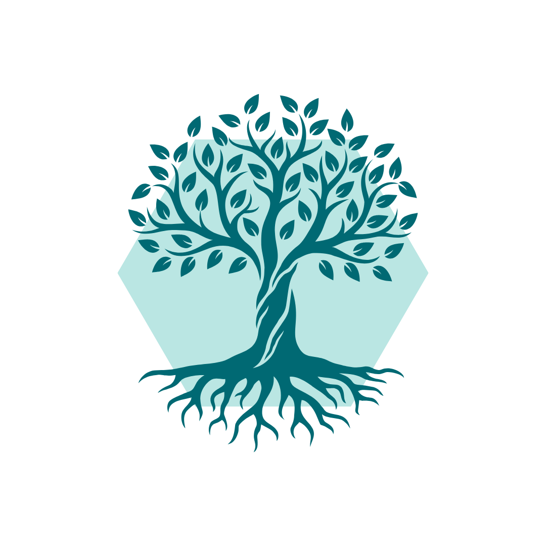Illustration of a tree with roots inside a hexagon, teal color scheme.