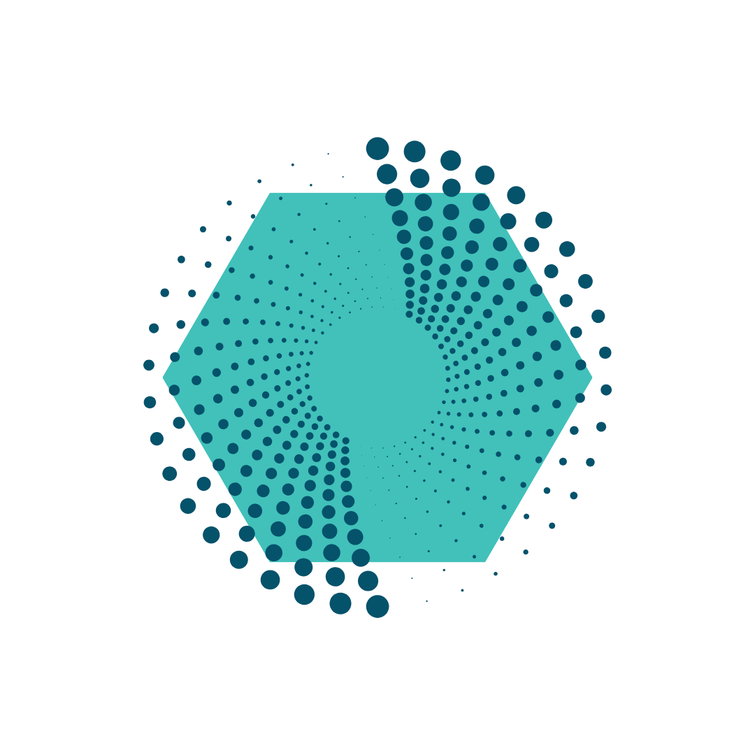 Digital illustration of a 3D hexagon with a halftone dot pattern radiating outward, set against a black background.