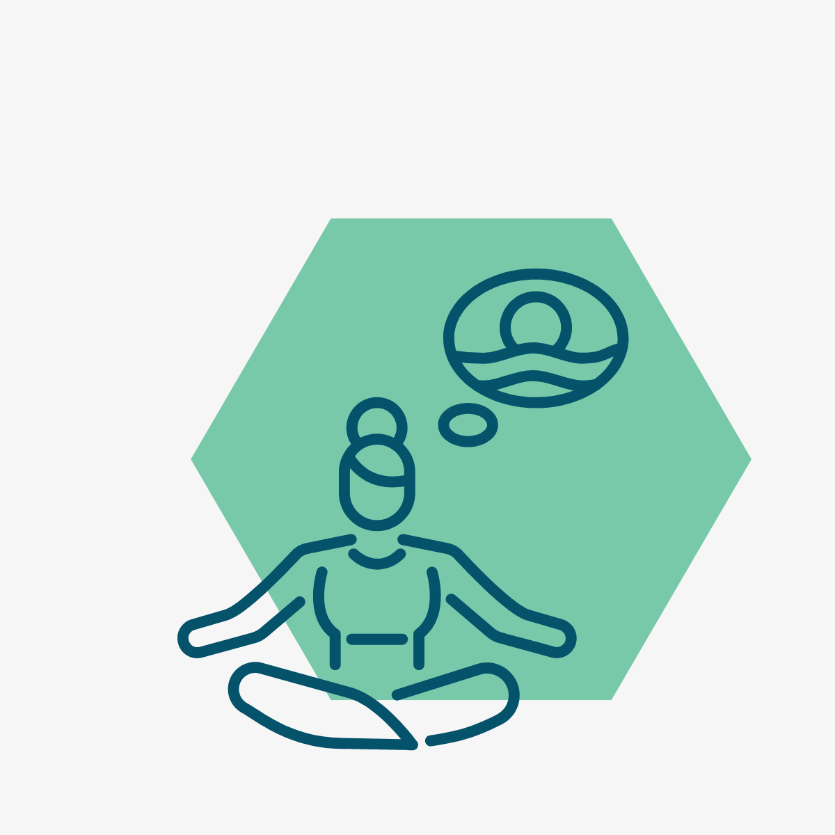 Line drawing of a person sitting cross-legged in a yoga pose with a thought bubble above their head containing an image of a person floating on water.