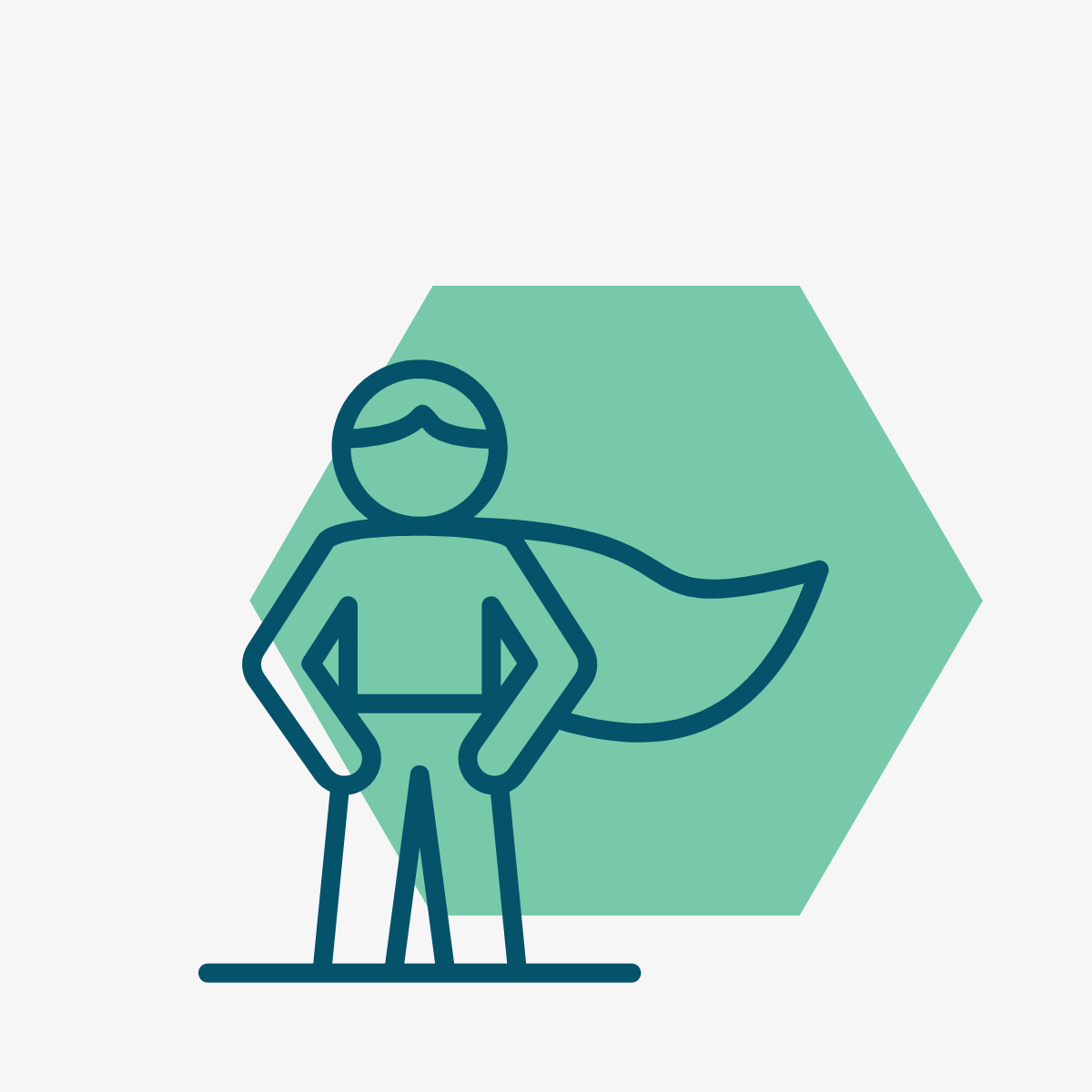 Illustration of a superhero figure with a cape, standing confidently in front of a green hexagon background.