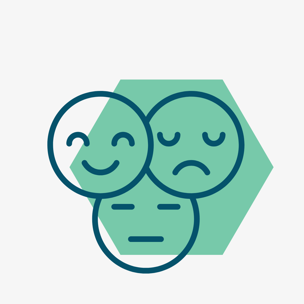 Line drawing of three overlapping smiling and sad faces in front of a green hexagon background.