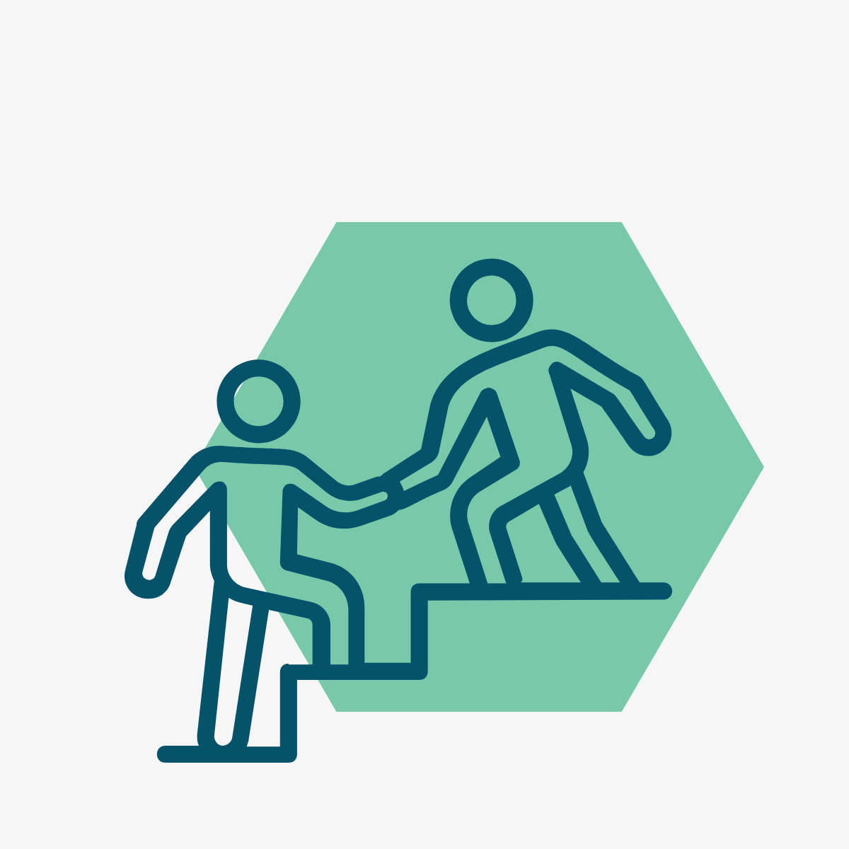 Line drawing of two people helping each other up stairs, with a green hexagon background.