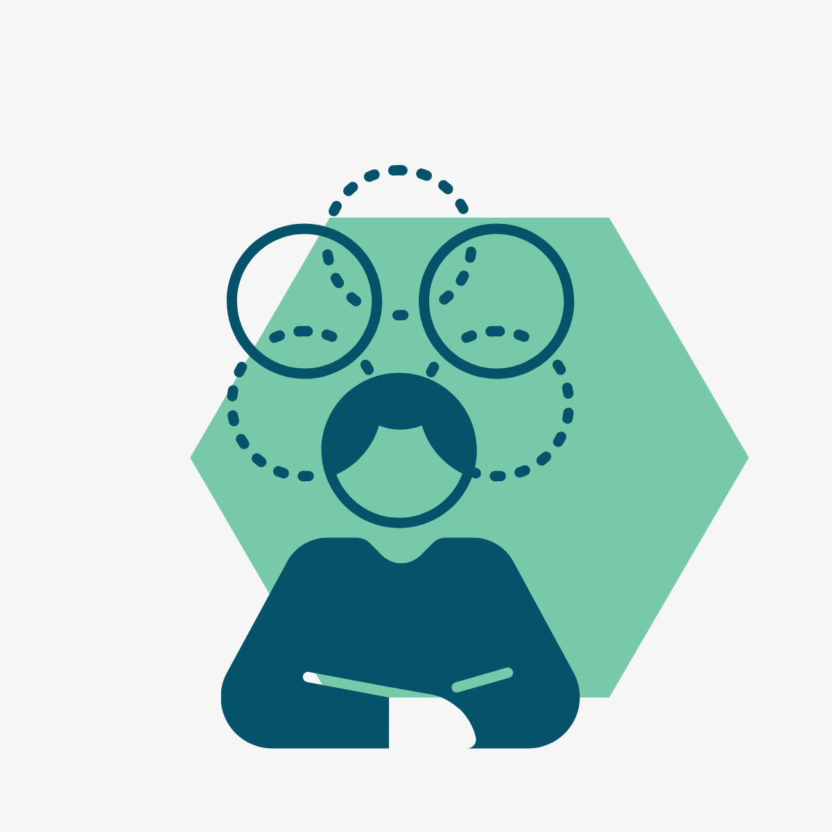 Simple line drawing of a person with glasses and a beard, standing in front of a green hexagon background.