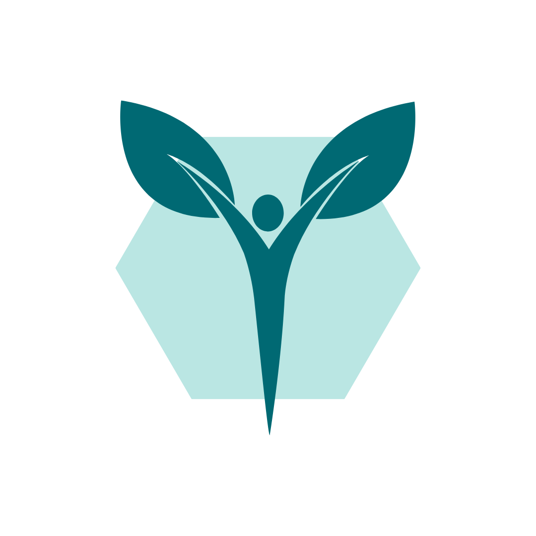 Teal geometric logo with a hexagon shape and overlapping lines forming a spiral pattern, set against a transparent background.