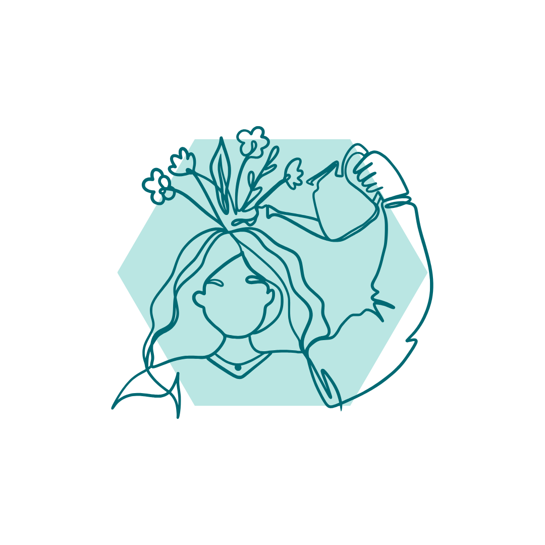 Illustration of a brain in front of a hexagon shape, featuring a heart and light lines for decoration.