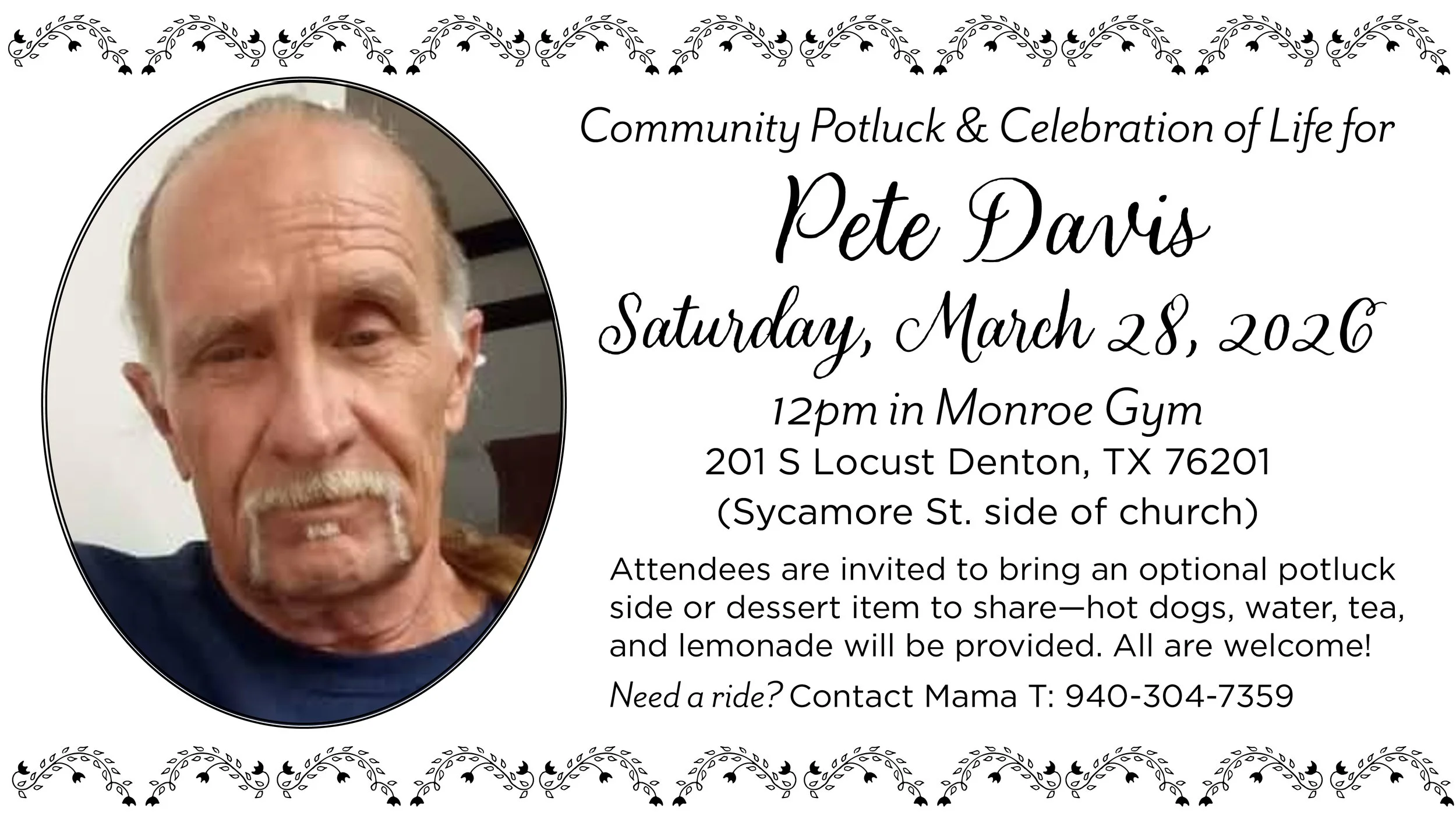 Community Potluck &amp; Celebration of Life for Pete Davis