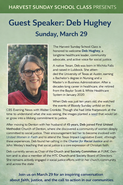 Harvest Class Guest Speaker: Deb Hughey, Church & Society