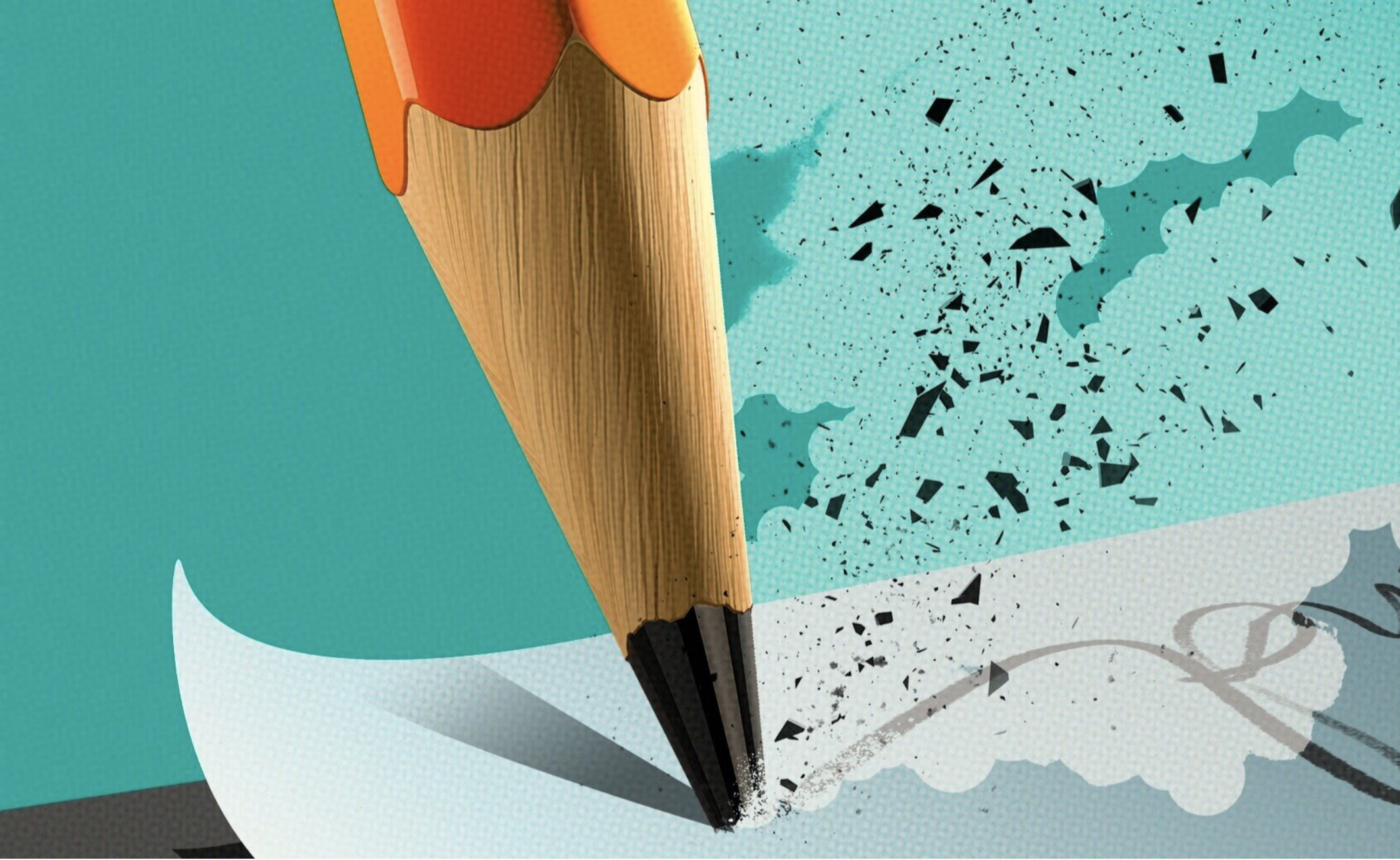 A pencil erasing or smudging a comic-style illustration, with black fragments flying off as it erases.