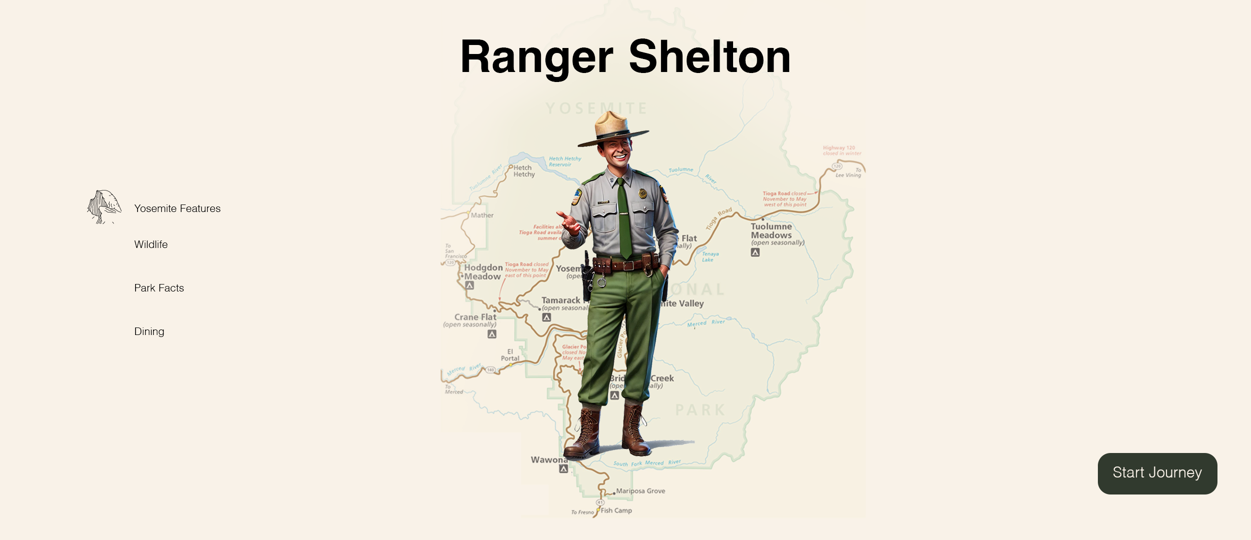 Map of Yosemite National Park with a ranger in uniform in front, and a menu on the left side listing features, wildlife, park facts, and dining. A start journey button is on the bottom right.