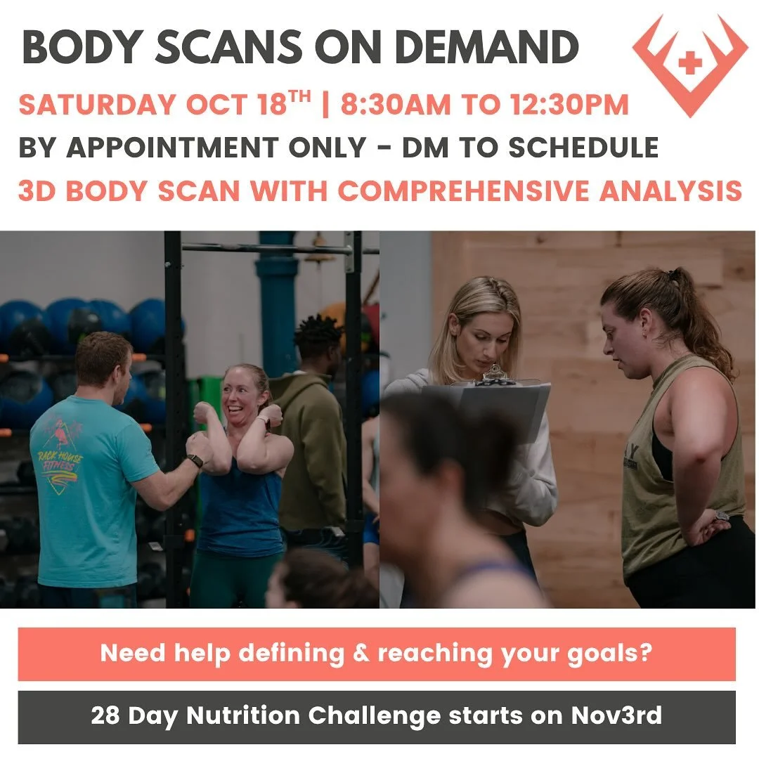 🔥 3D Body Scan Day is back at Rack House Fitness! 🔥

Get the full picture of your progress &mdash; beyond the scale. Our 3D body scanner gives you detailed insights like:
 📏 Body fat % &amp; lean muscle mass 📉 Posture &amp; balance analysis 📊 Me