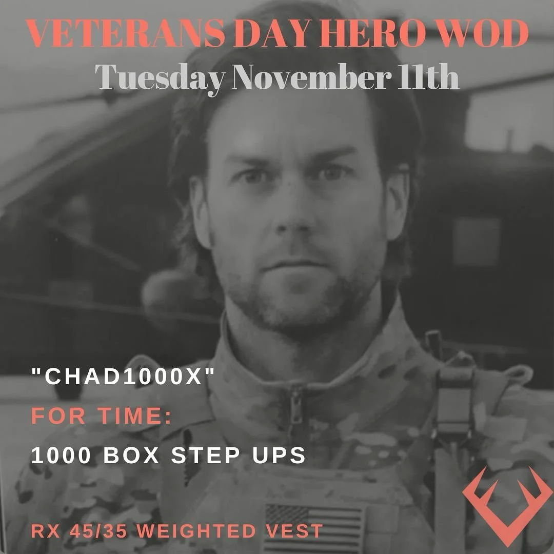 Today, we pause to honor our Veterans 🇺🇸 the brave men and women whose service allows us the safety and freedom we experience every day.

We come together for the hero workout CHAD 1000X &mdash; 1,000 box step ups for time &mdash; in memory of Navy