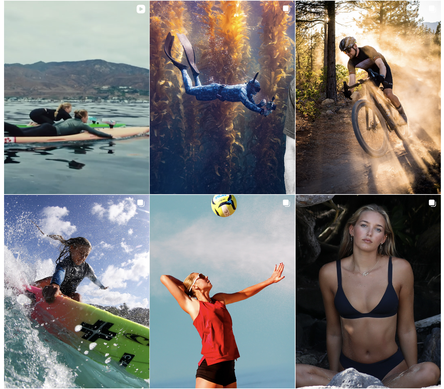 Collage of six outdoor sports and activities: two people paddleboarding on a lake, a diver underwater in a kelp forest, a mountain biker riding through a wooded trail, a woman surfing on a wave, a woman playing beach volleyball, and a woman posing by water rocks.