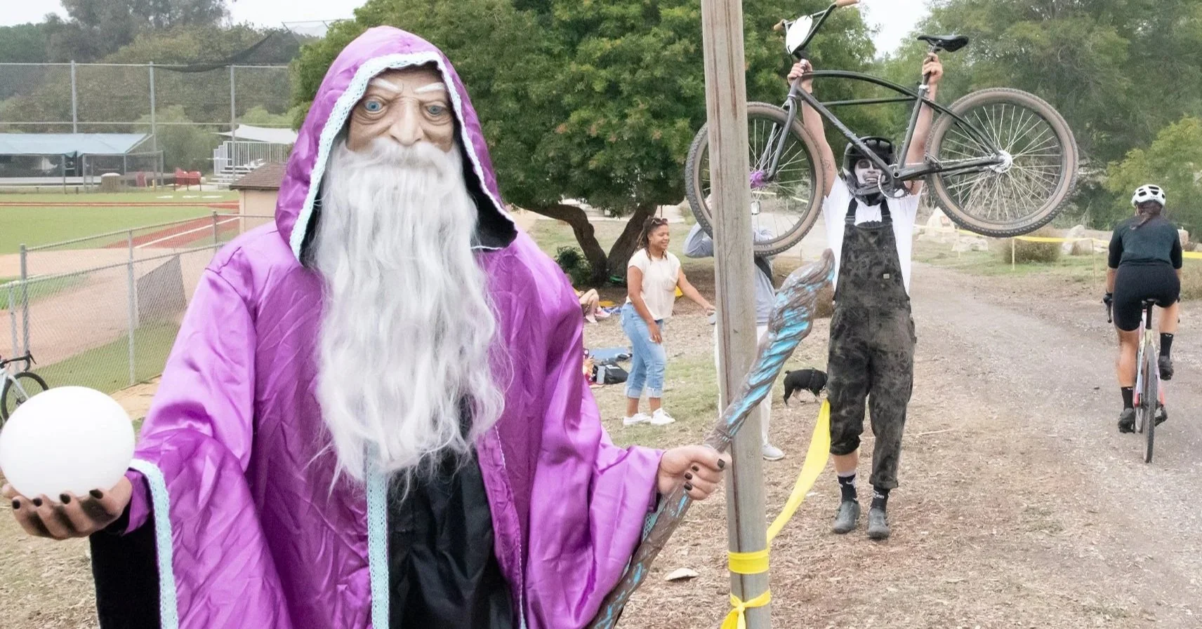 Person dressed as a wizard with a long white beard and purple cloak holding a staff and a white orb, at an outdoor event with people, bikes, and trees in the background.