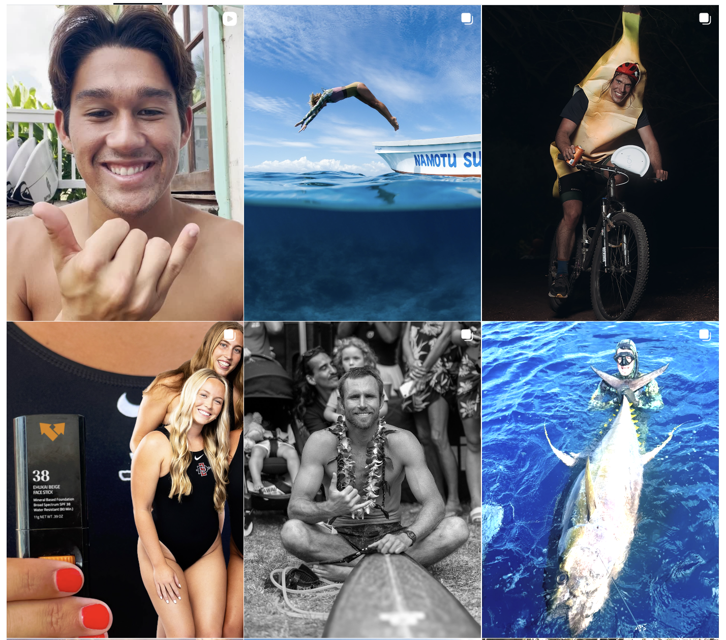 Collage of six images showing various outdoor and water activities, including a smiling young man making a shaka hand sign, a woman diving into the ocean, a man riding a bike in a banana costume, two women in swimsuits, a man sitting on a surfboard with leis, and a swimmer riding a large fish in open water.