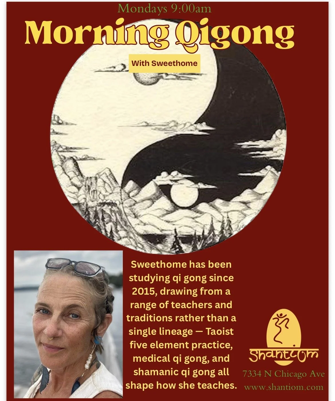 Image of a mountain landscape inside a yin yang symbol. A photo of Sweethome next to a description of her relationship with Qi Gong.
