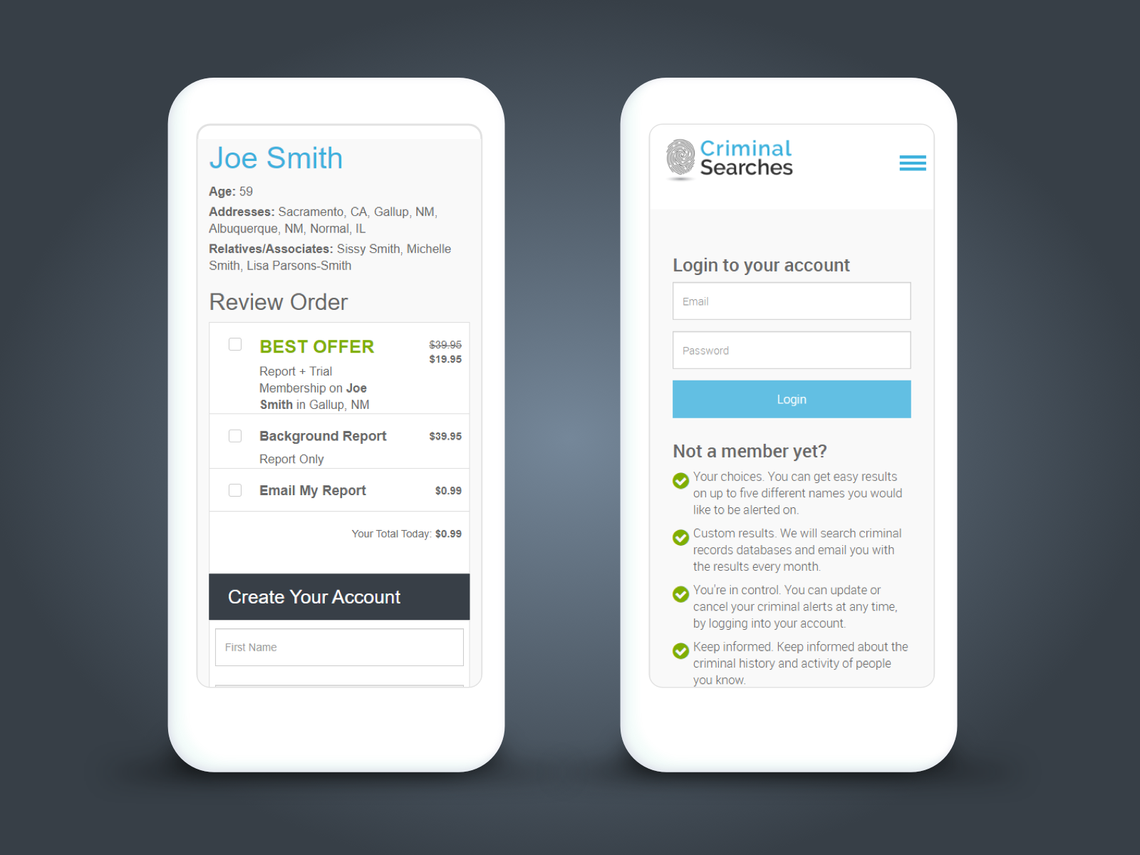 Mobile Login &amp; Checkout - Partitioned purchase options provide a better definition, while account login is split off for a stronger focus on conversion.