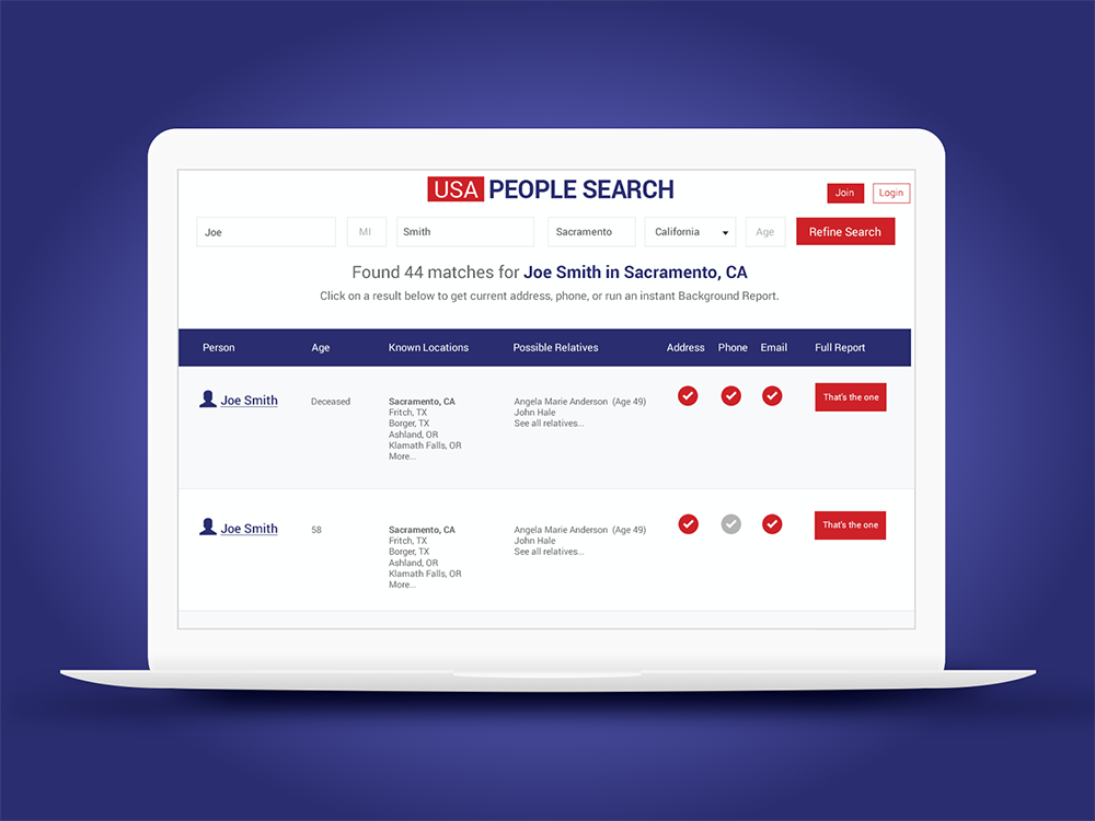 Search Results - Results included name, age, relatives, previous addresses, and phone numbers.