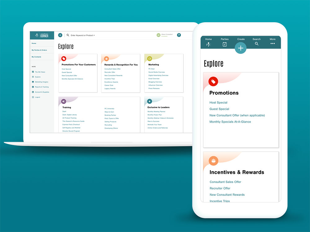 Navigation - Final navigation included a flattened out approach, exposing key objects on card components that also exposed core content and nested objects. Quick access to business resources, reports &amp; tracking, party &amp; order management, and…