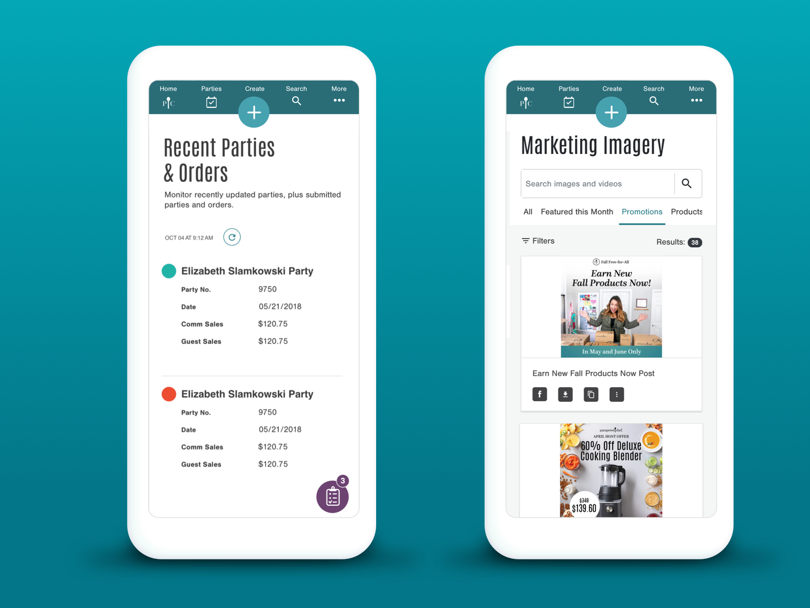 Parties, Orders, and Marketing Imagery - The navigation needed to support current business tools for our consultants, just as much as the content itself. Party and Order Management, on the left, and Marketing Imagery, on the right were two of more u…