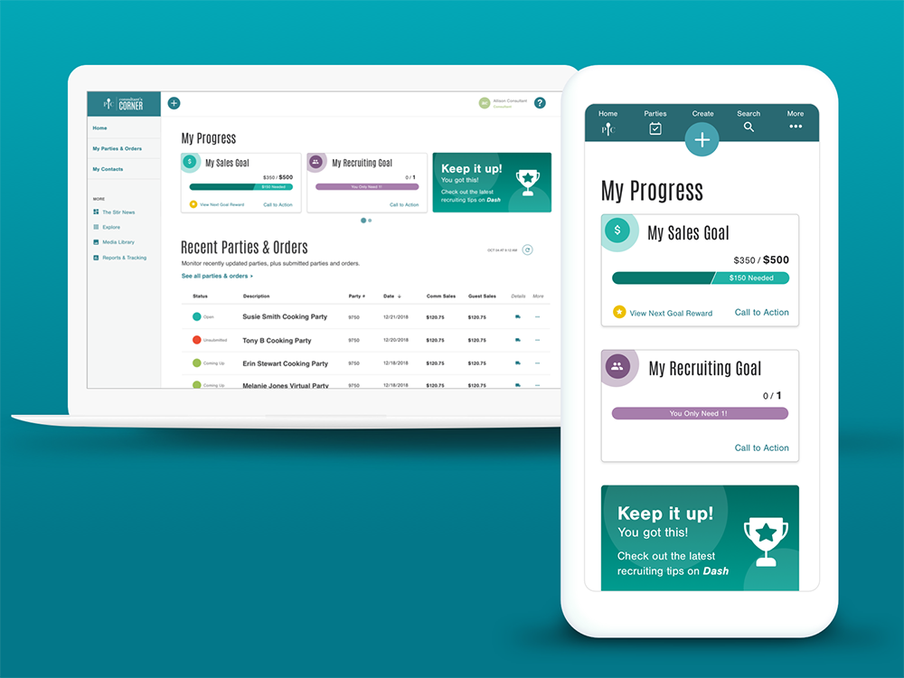 Homepage - Consultants can capture sales, goals, parties, and orders at a glance. Gamification was incorporate through carousel card components at the top to engage and support a newly developed learning management system being launched in parallel …
