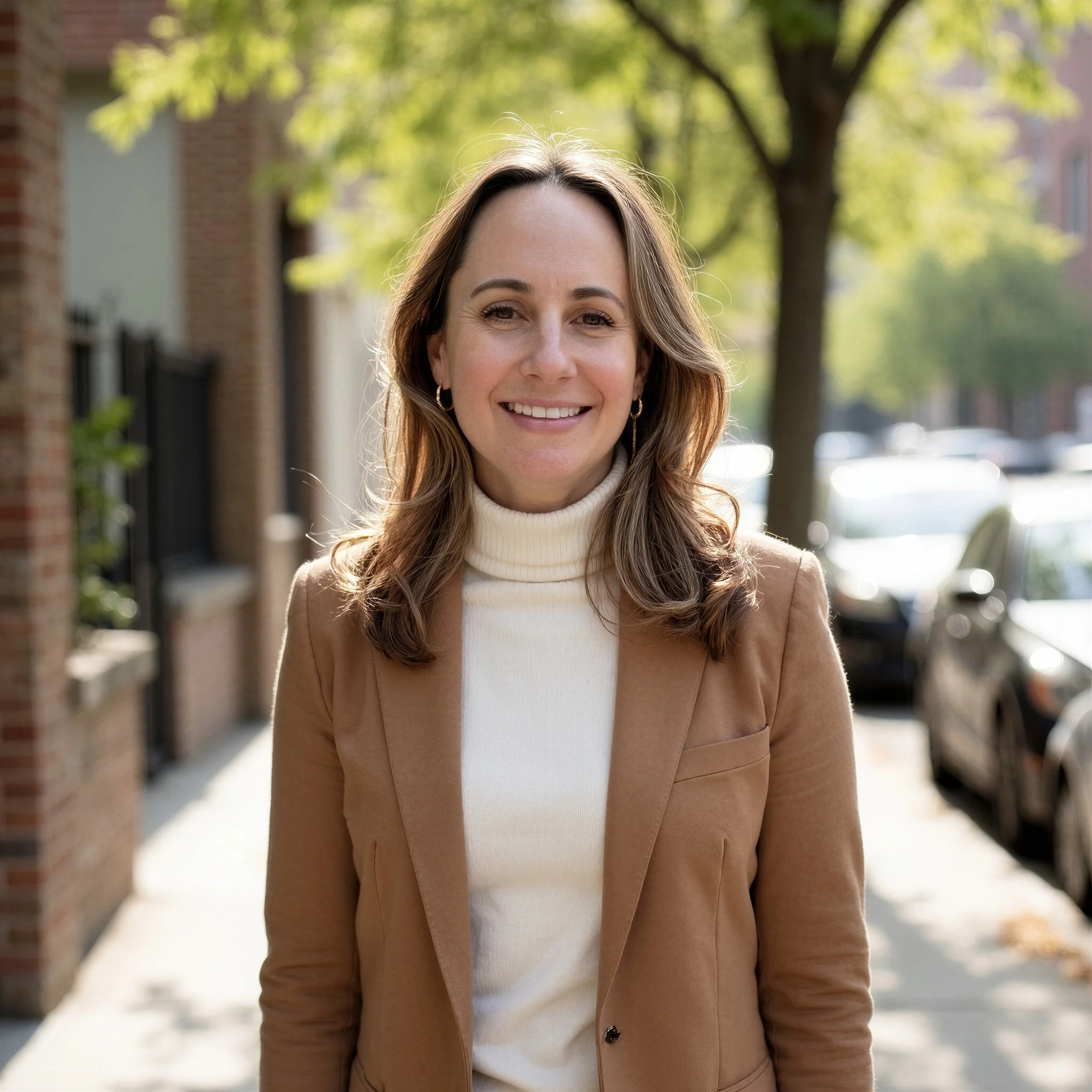 A smiling woman with long to medium brown hair and earrings walking outdoors on a sunny day, background featuring trees and a brick building.