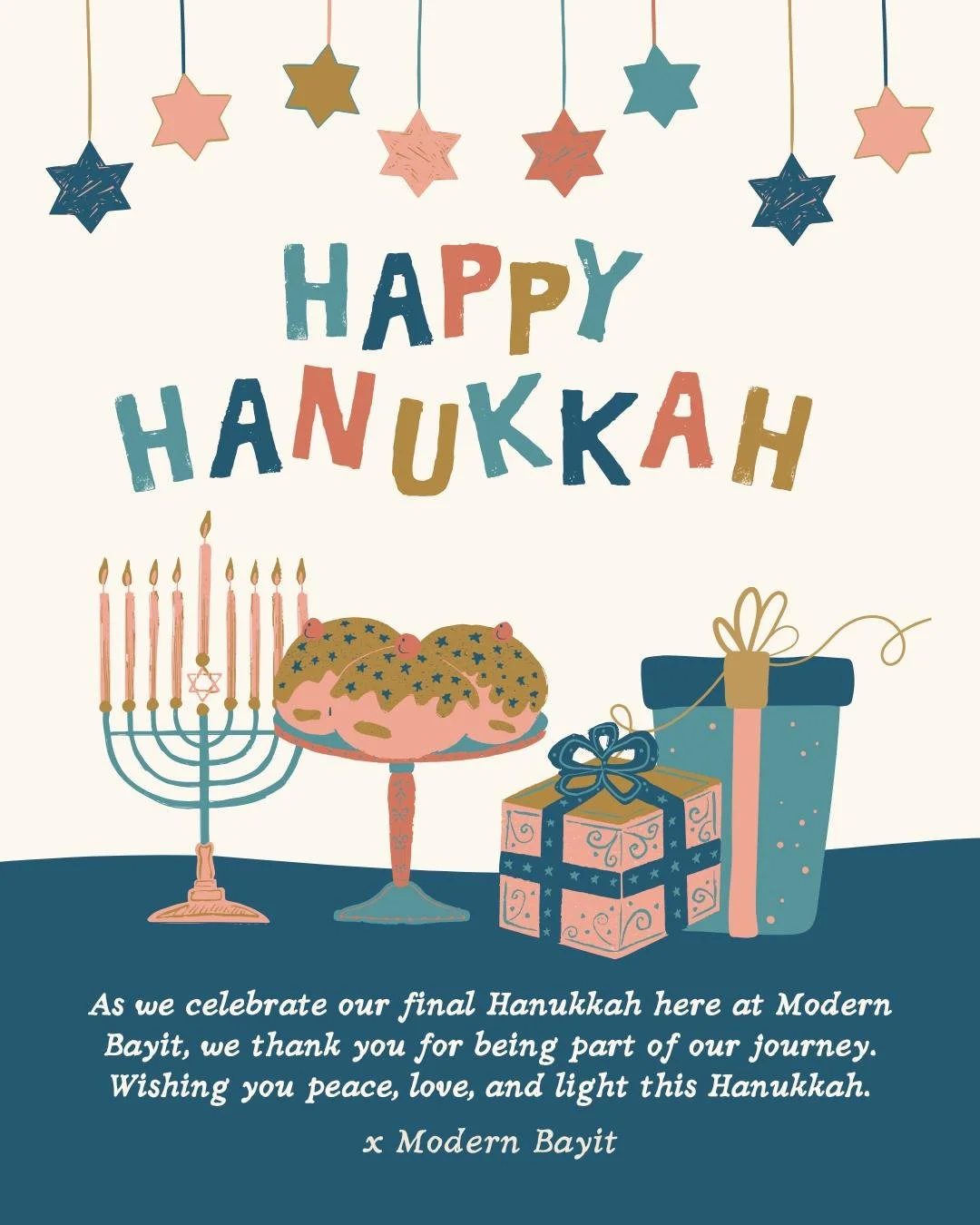 ✨ Wishing all of you a joyful and meaningful Hanukkah, filled with light, laughter, and time with the people you love.

 As this will be our final Hanukkah at Modern Bayit, I just want to say a sincere thank you to everyone who has supported the shop