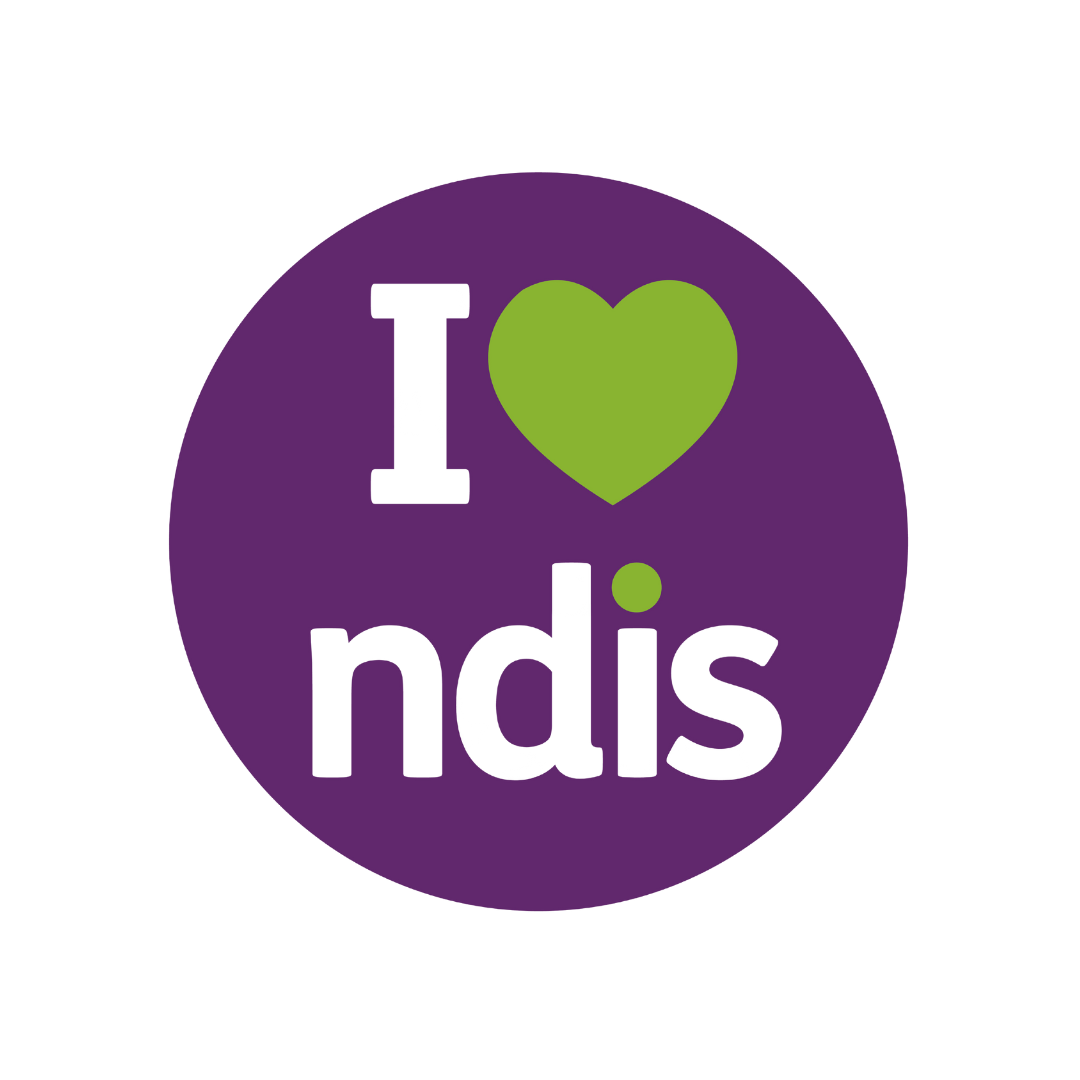 Purple circular badge with black text saying 'I', green heart symbol, and black text 'ndis'.