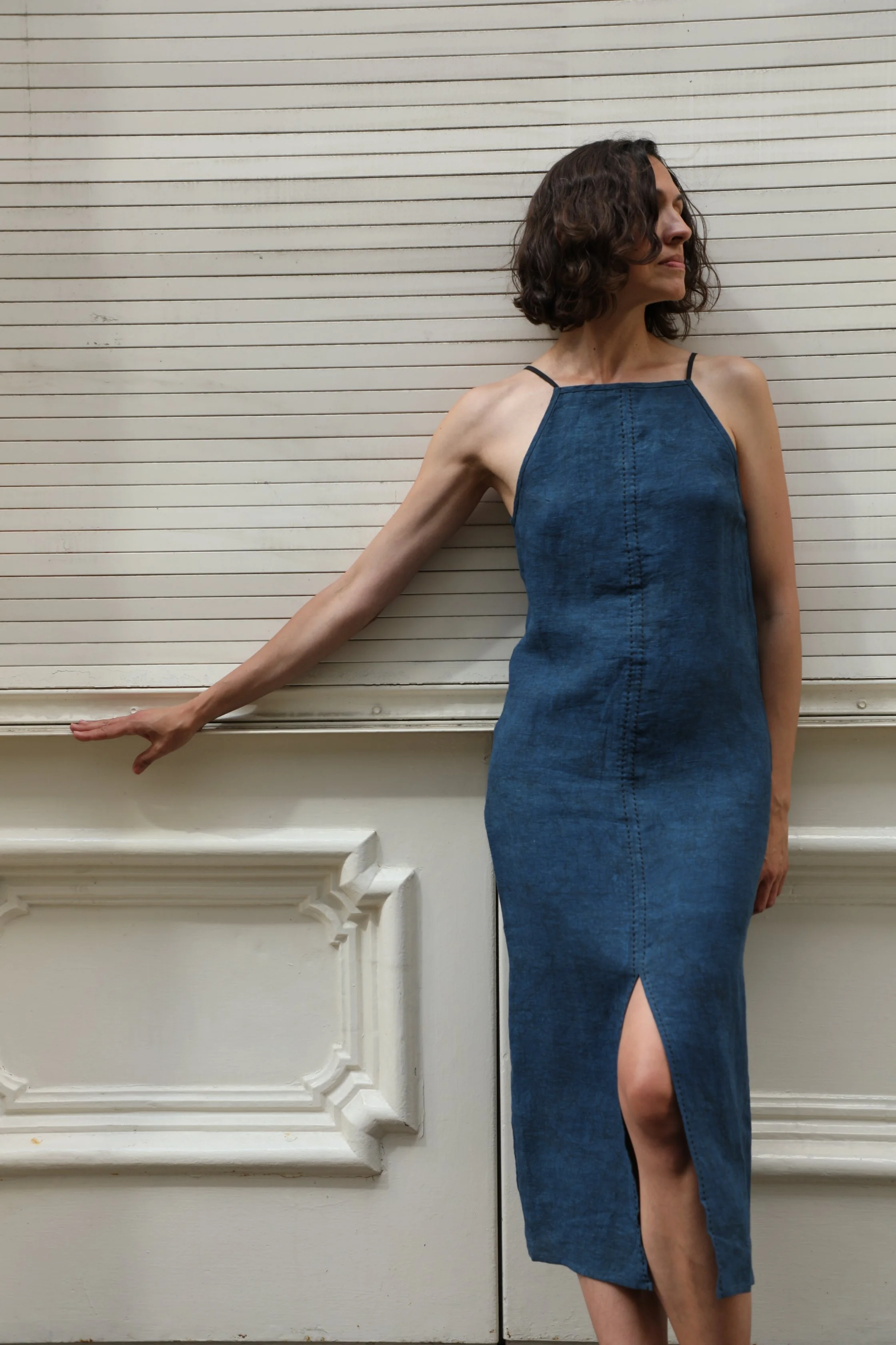 TILDA SLIP DRESS in Indigo mudpaint linen