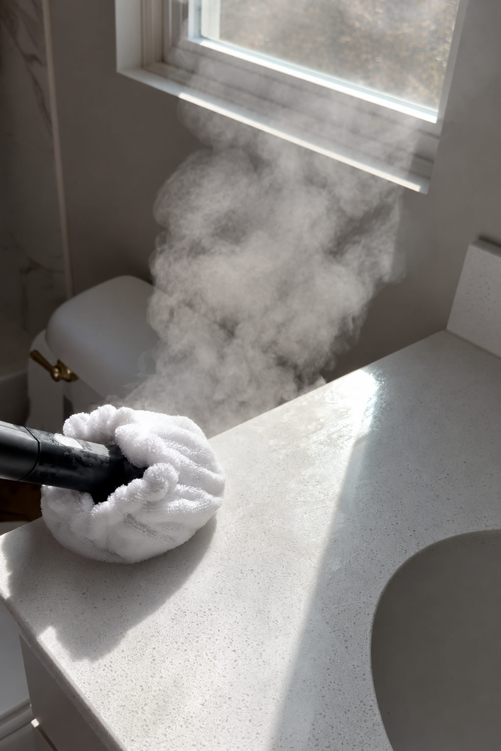 A steam mop cleaning a wooden floor, with visible steam rising from the mop.