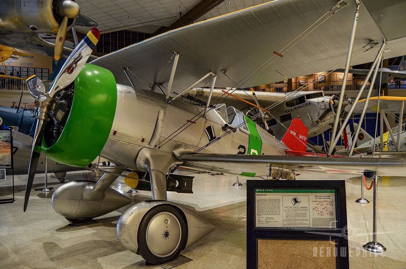 The BFC-2 Goshawk on display was restored over a three-year period by World Wide Aeronautical Industries using some original components. It is displayed in the markings of Bureau Number 9332, which flew with the High Hats from the aircraft carrier Sa