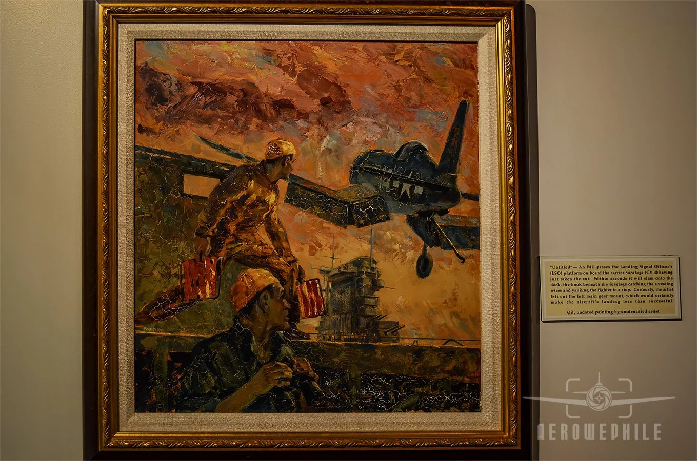 Naval Aviation Art Gallery - Undated oil painting by unidentified artist - Untitled - An F4U passes the Landing Signal Officer's (LSO) platform on board the carrier Saratoga (CV-3) having just taken the cut. Within seconds it will slam onto the deck,