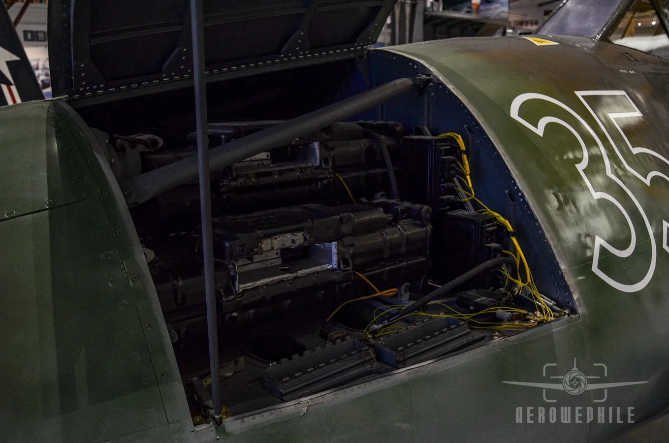 Panel open in the nose of the ME262 showing the 30mm 108 cannons