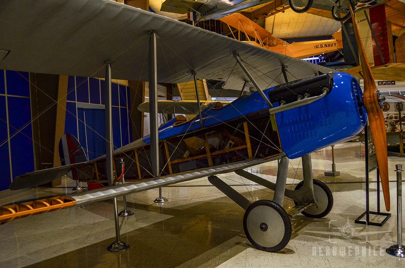 Built by the Vought Aircraft Heritage Foundation, this aircraft is a replica of the VE-7 "Bluebird," so named because of its colorful paint scheme. The VE-7 participated in signature events of Naval Aviation history and development during the 1920s, 