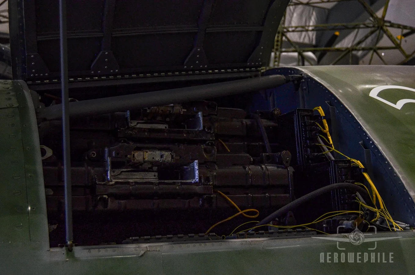 Panel open in the nose of the ME262 showing the 30mm 108 cannons