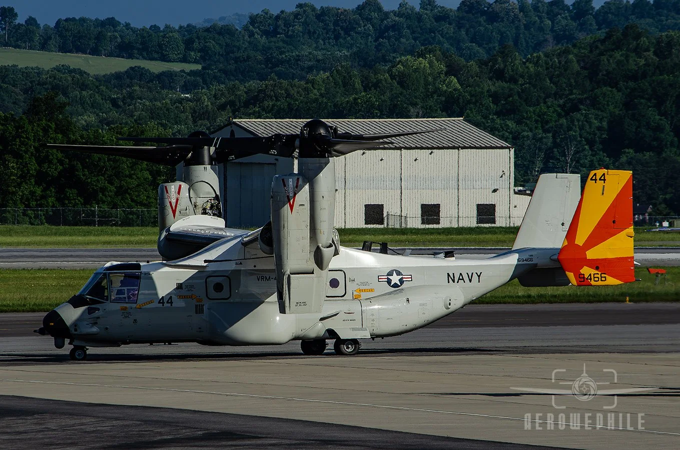 The wounded U.S. Navy Bell Boeing CMV-22 Osprey sitting on the ramp at Tri-Cities Airport. It was late in the day (note the long shadows) as I was waiting for the arrival of the rescue Osprey.
28May26
